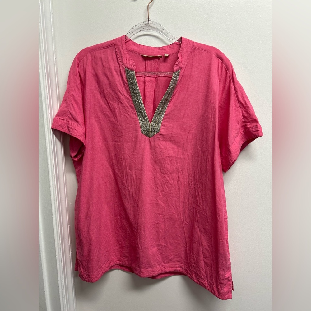 Soft Surroundings Hot Pink Linen Blend Tunic with Beaded Trim